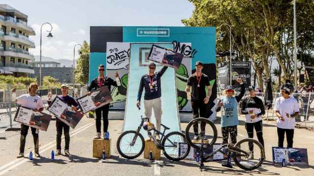 Entrega de premios a los primeros clasificados de la prueba de Dirt Jump, celebrada esta mañana.