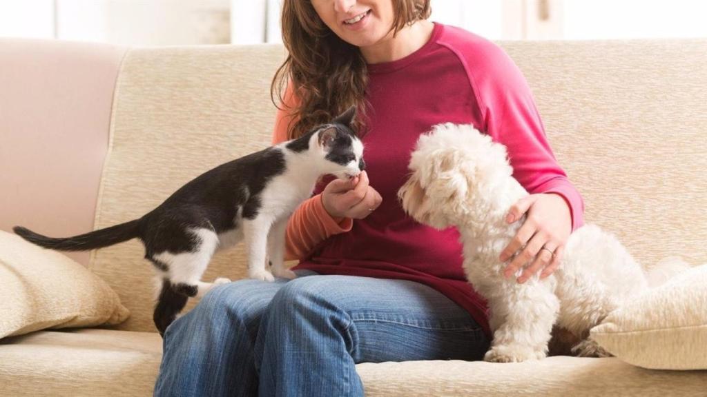 Una mujer junto a un perro y un gato.