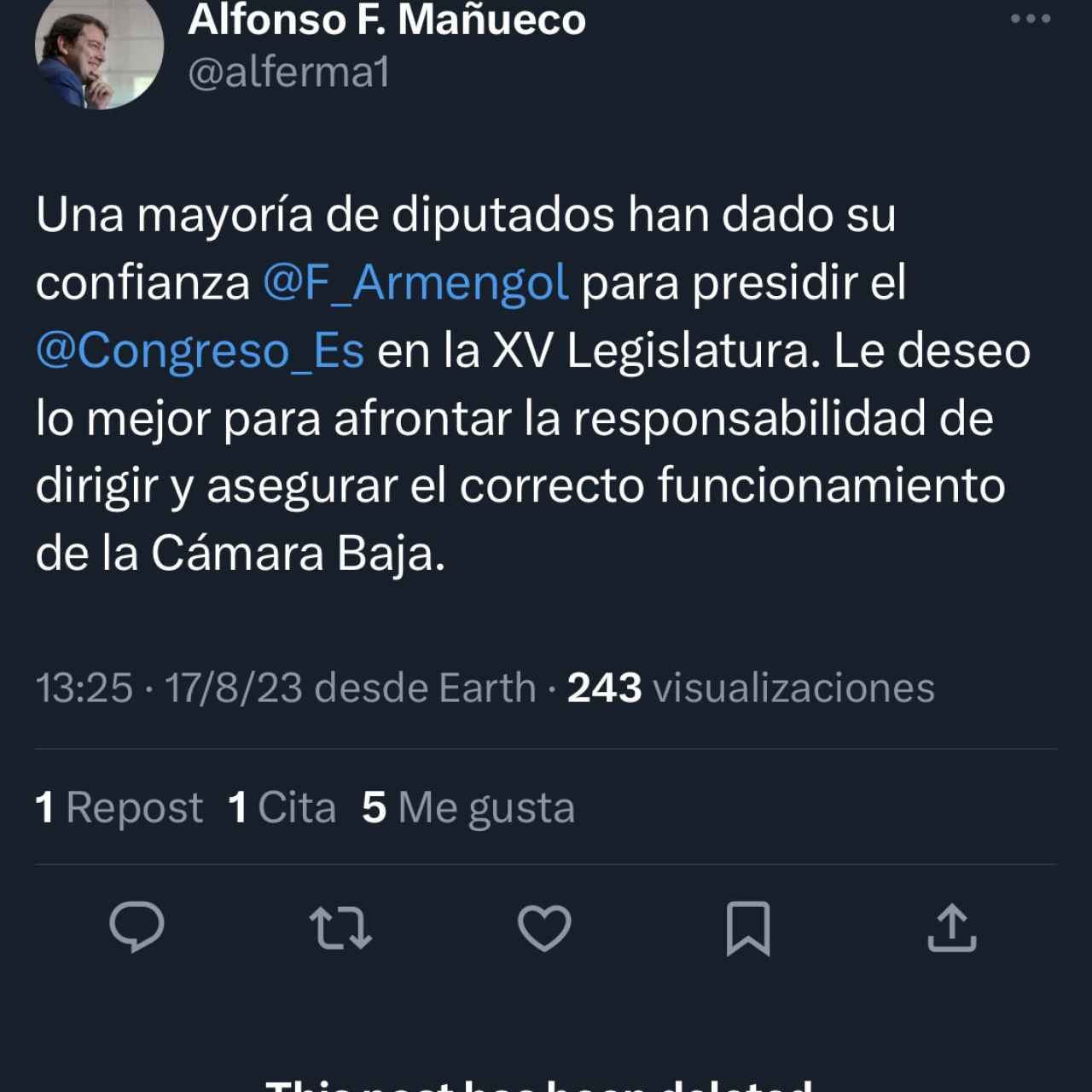 Tuit de Mañueco felicitando a Armengol