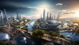 Imagen de una ciudad costera futurista generada por Midjourney