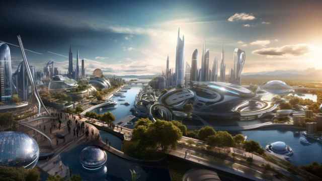 Imagen de una ciudad costera futurista generada por Midjourney