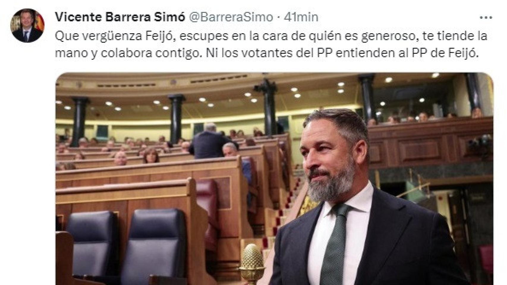 El tuit del vicepresidente valencia, Vicente Barrera, que posteriormente borró.