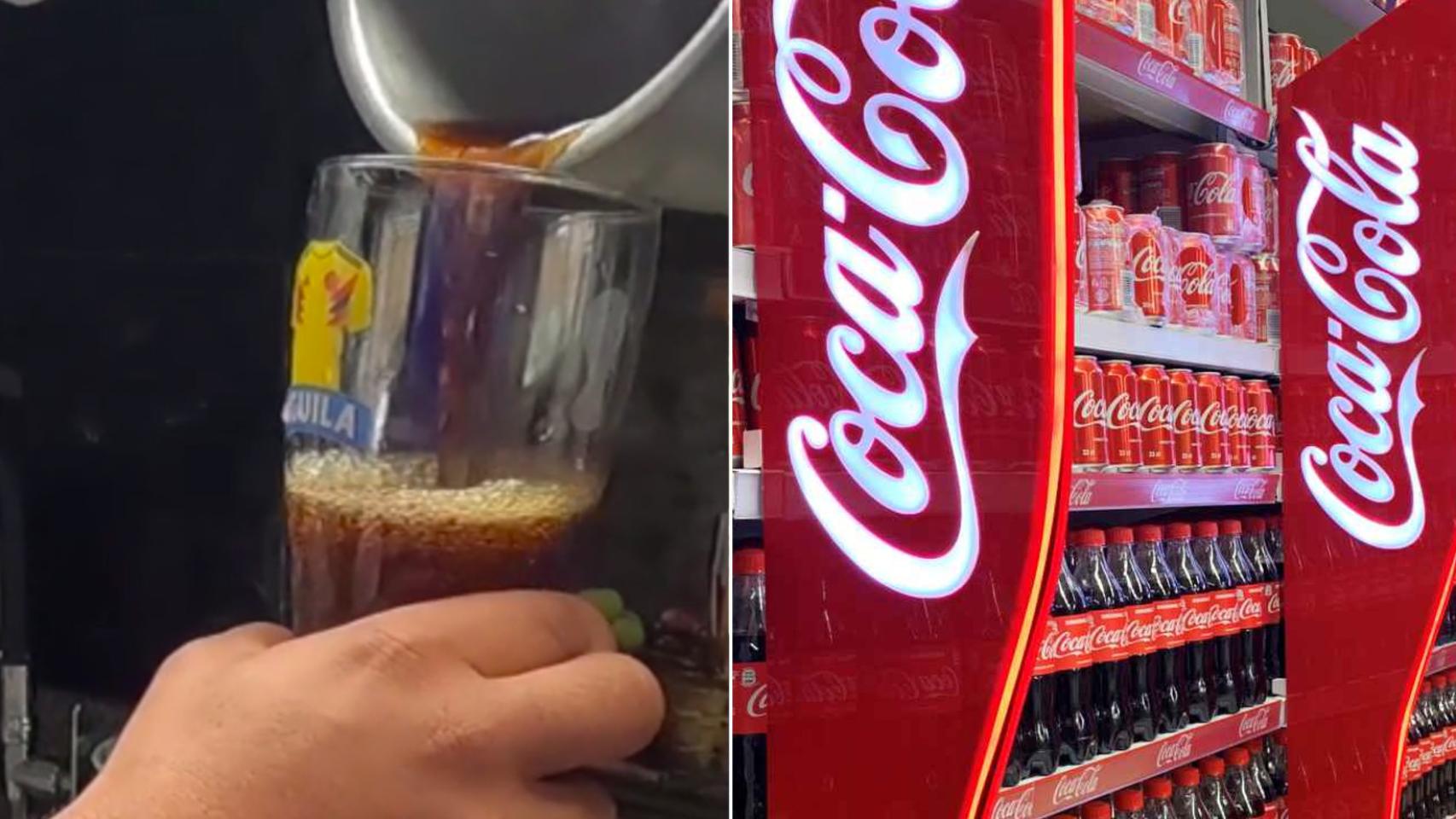 Captura del vídeo viral y un estante con Coca-Cola en un supermercado.