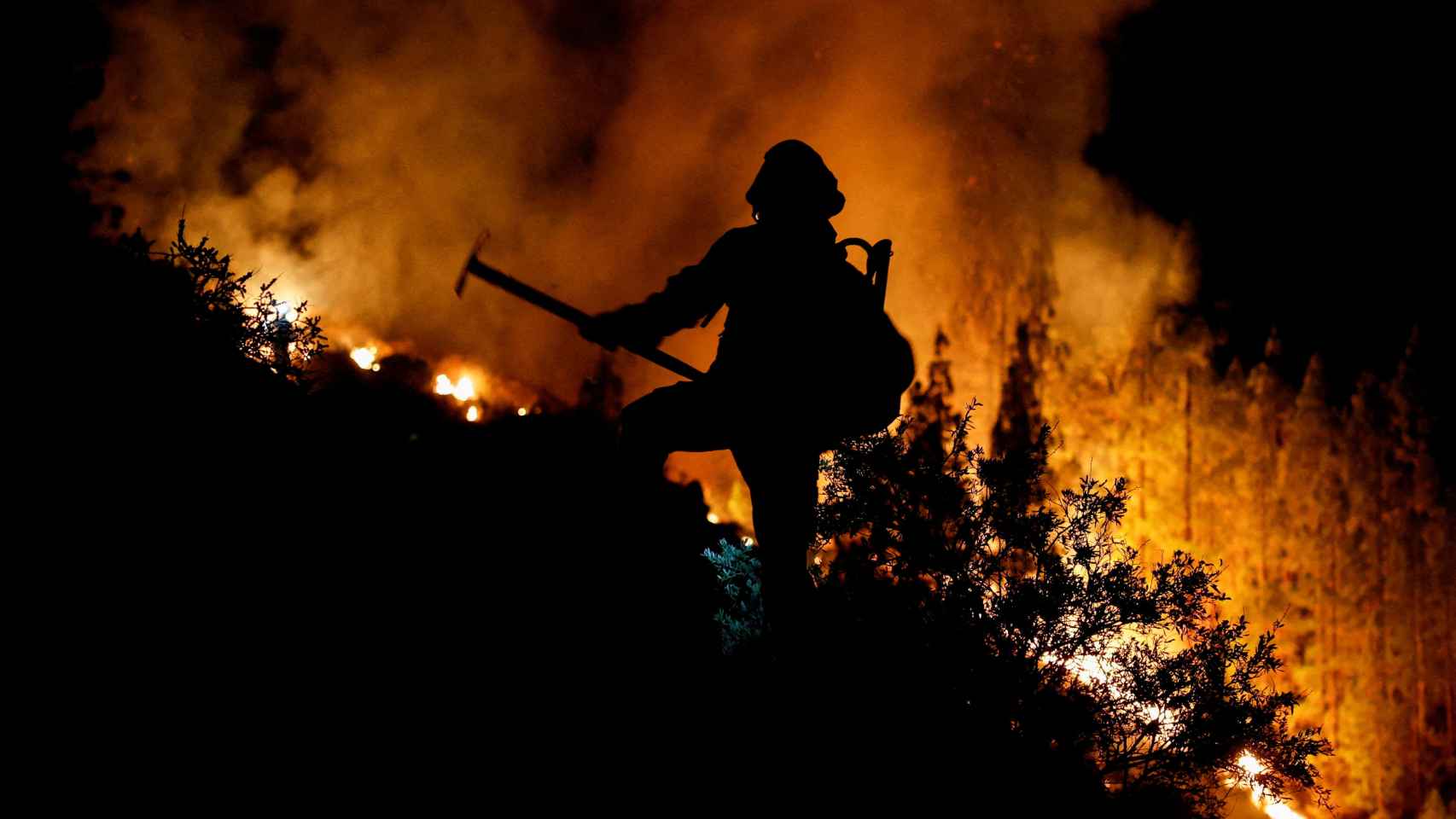 Un bombero combate las llamas en el municipio tinerfeño de Arafo.