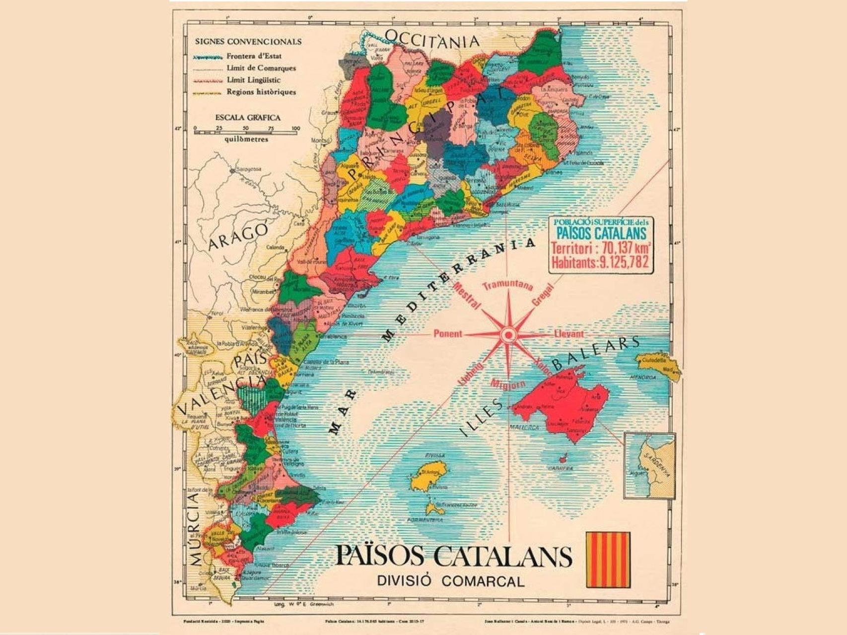 Mapa de los supuestos Países Catalanes con sus comarcas, de Joan Ballester (1971).