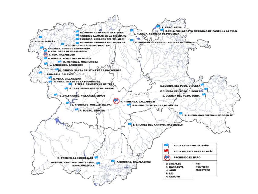 Mapa de las zonas de baño aptas en Castilla y León