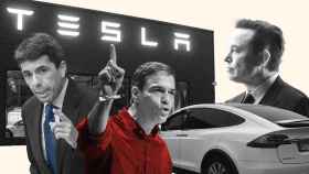Ilustración en la que aparecen el presidente en funciones del Gobierno, Pedro Sánchez; el presidente de la Generalitat Valenciana, Carlos Mazón, y el CEO de Tesla, Elon Musk.