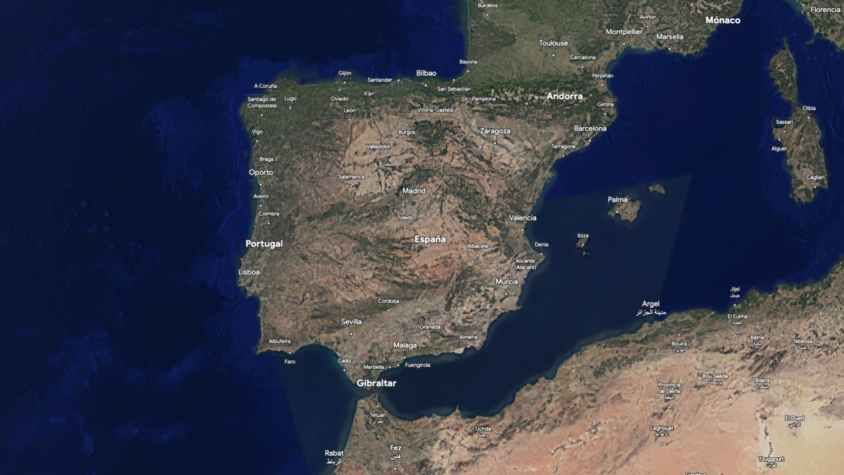 España representada en Google Earth.