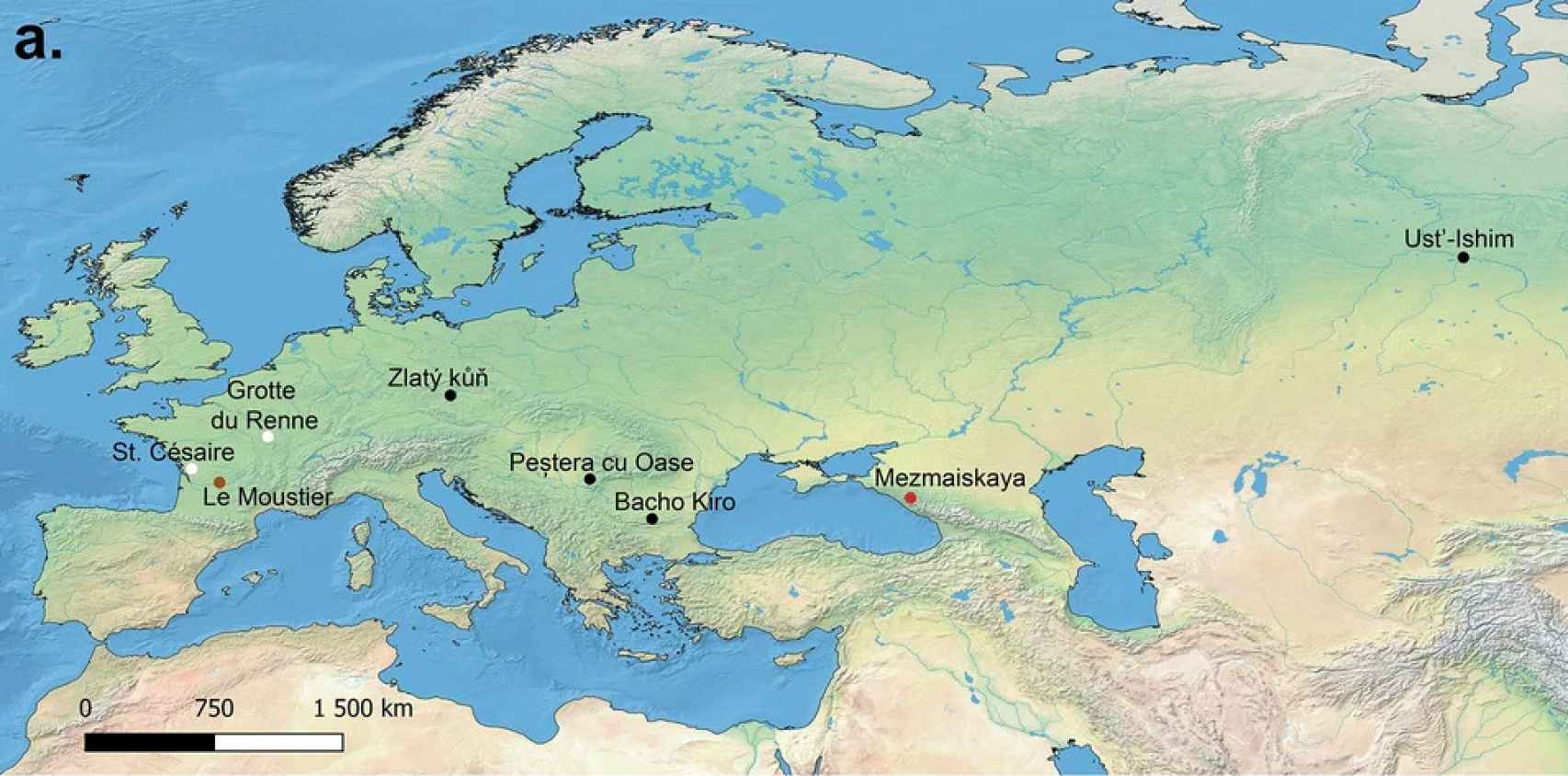 Señalados con puntos negros, los yacimientos con fósiles de neandertales en capas asociadas con el Chatelperroniense.