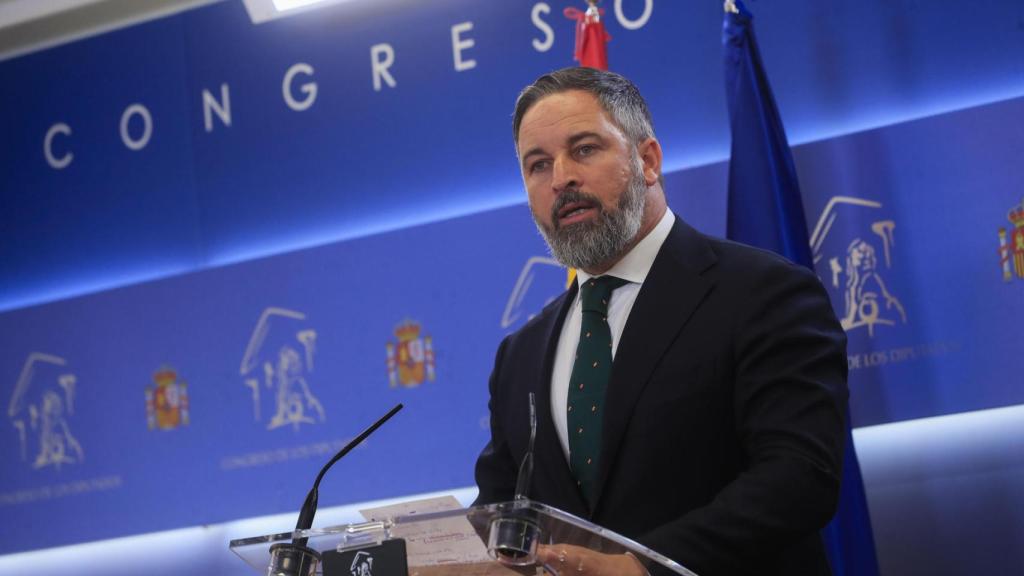 El presidente de Vox, Santiago Abascal, este martes en el Congreso de los Diputados.