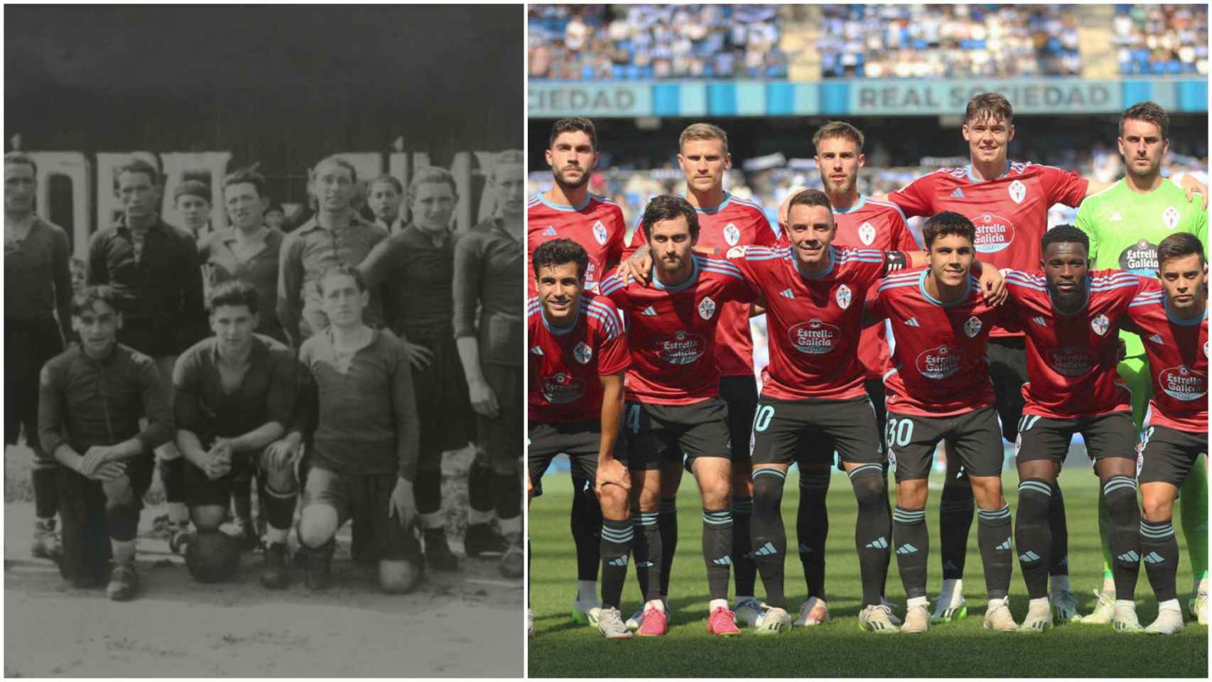 Primer equipo del Celta, en 1923, y plantilla actual.