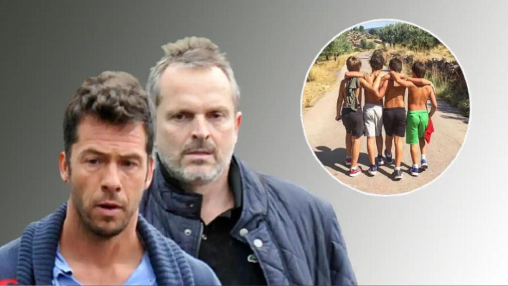 Miguel Bosé y Nacho Palau junto a sus cuatro hijos en un fotomontaje de EL ESPAÑOL.