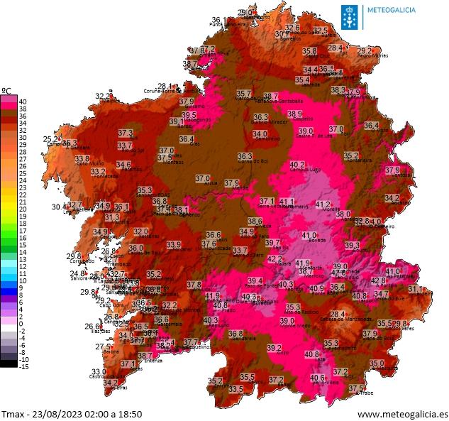 Temperaturas máximas este miércoles 23 de agosto en Galicia.