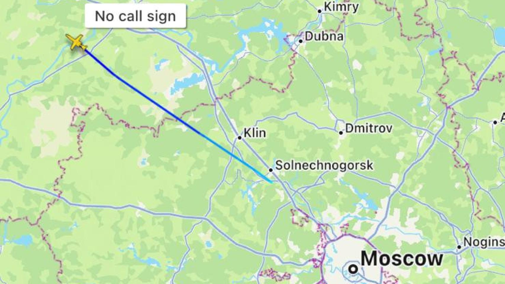 La ruta del avión en el que viajaba Prigozhin hasta el último momento en el que emitió señales.
