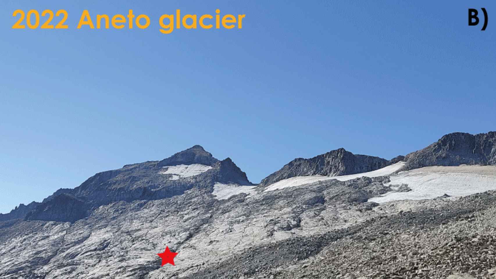 El glaciar Aneto en 2022, con el mismo punto de referencia.