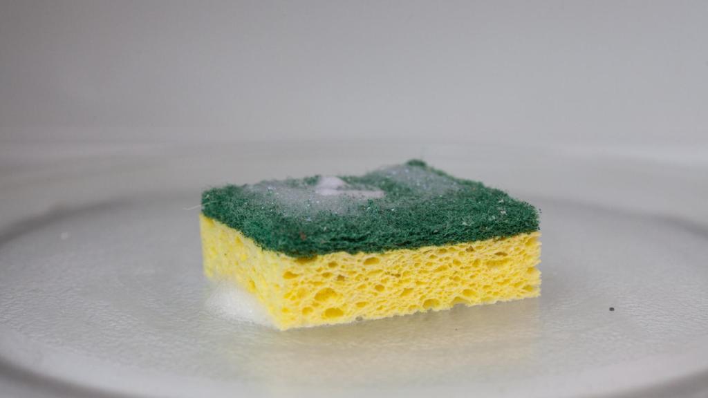 Imagen de archivo de una esponja amarilla y verde en el plato de un microondas.