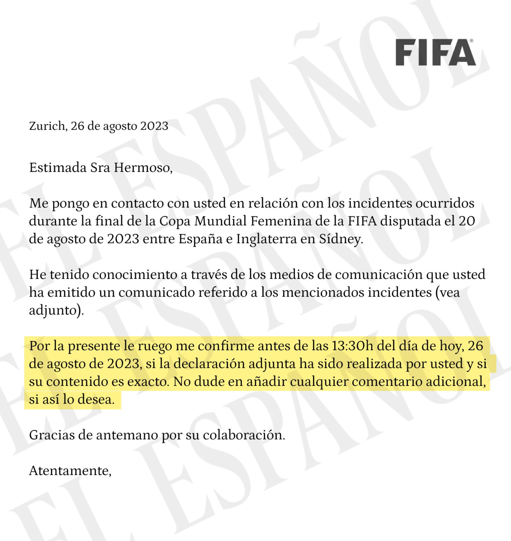 Carta de la FIFA a Jenni Hermoso