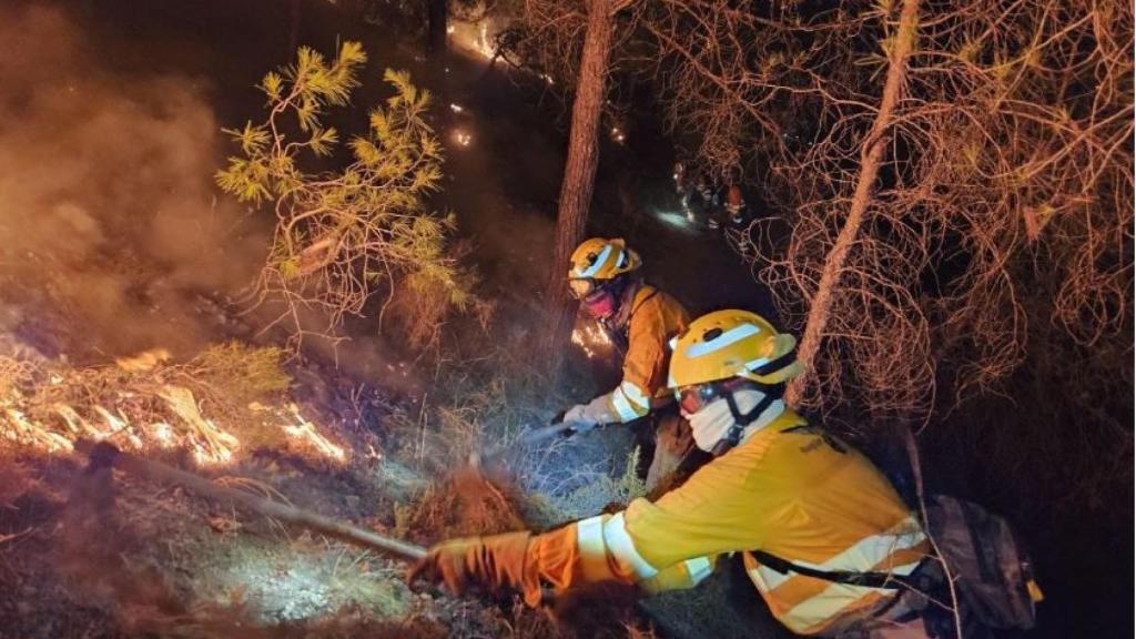 Dos miembros de las brigadas forestales, esta madrugada, trabajando en la extinción de un incendio declarado en el parque regional de El Valle y Carrascoy.