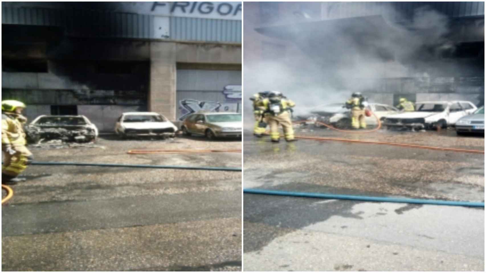 Efectivos de los Bomberos de Vigo sofocan las llamas en varios vehículos y una nave.