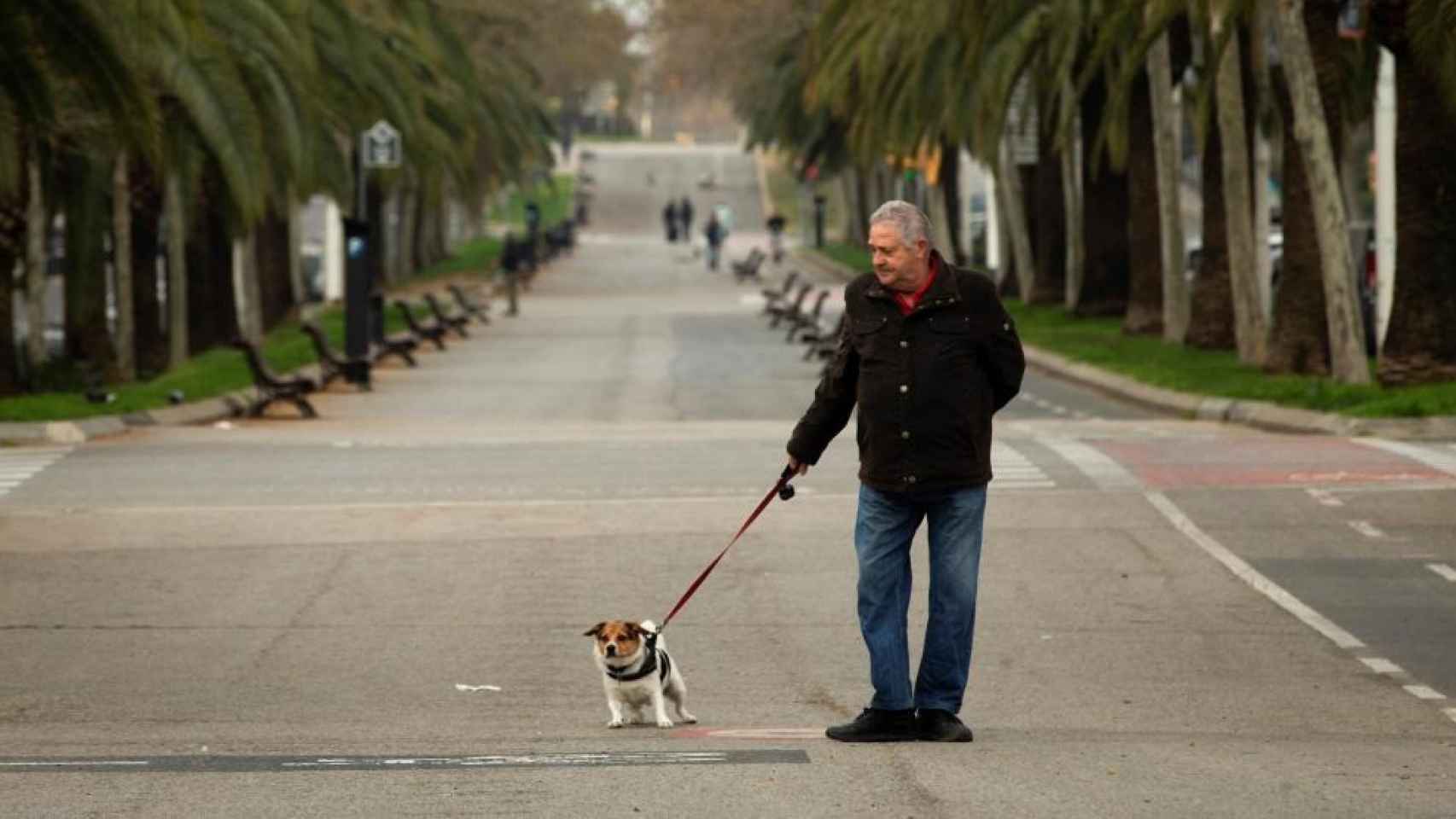 Un hombre paseando a su perro.