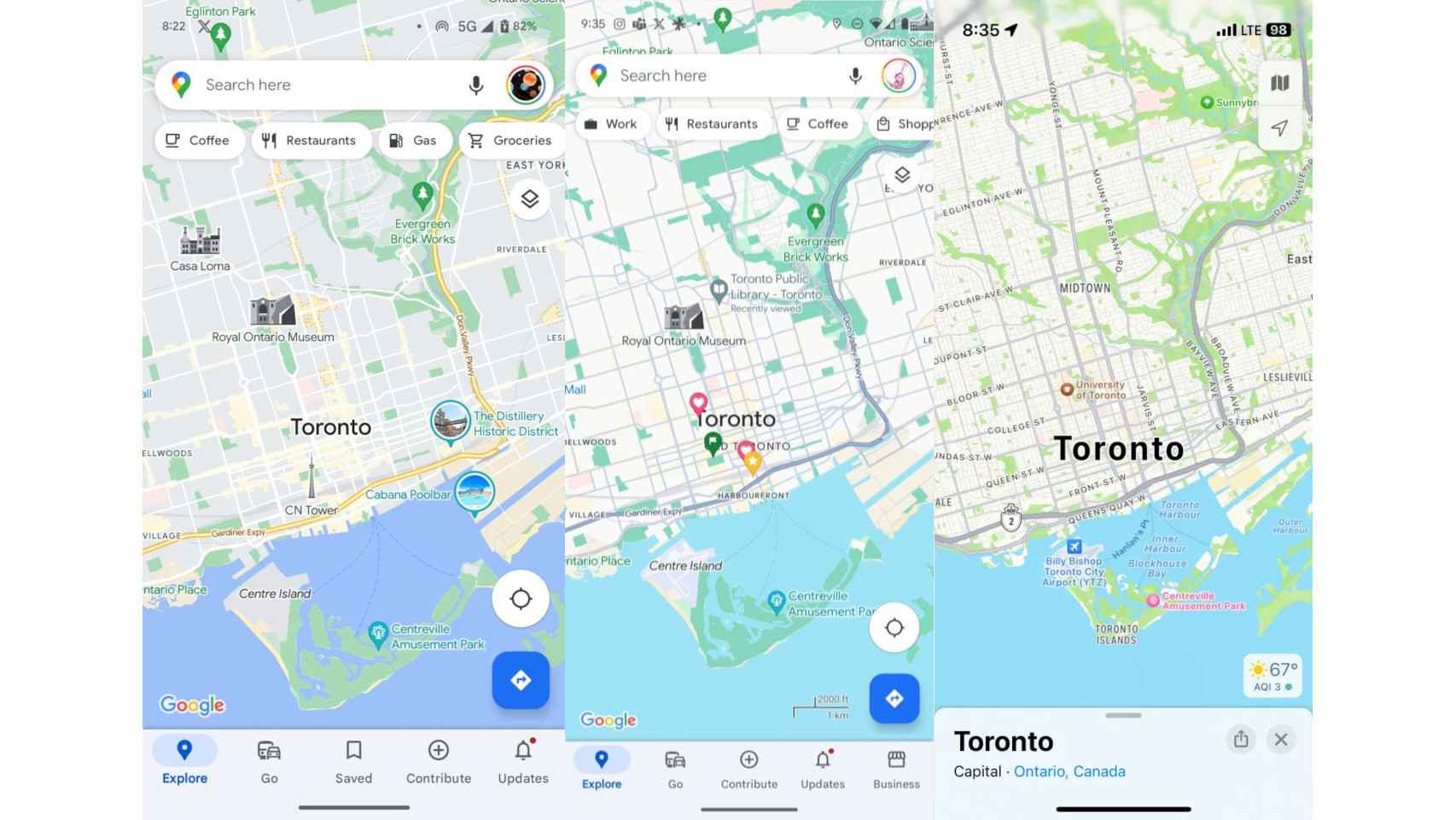 El diseño actual de Google Maps (izq), el nuevo (centro) y Apple Maps (der)