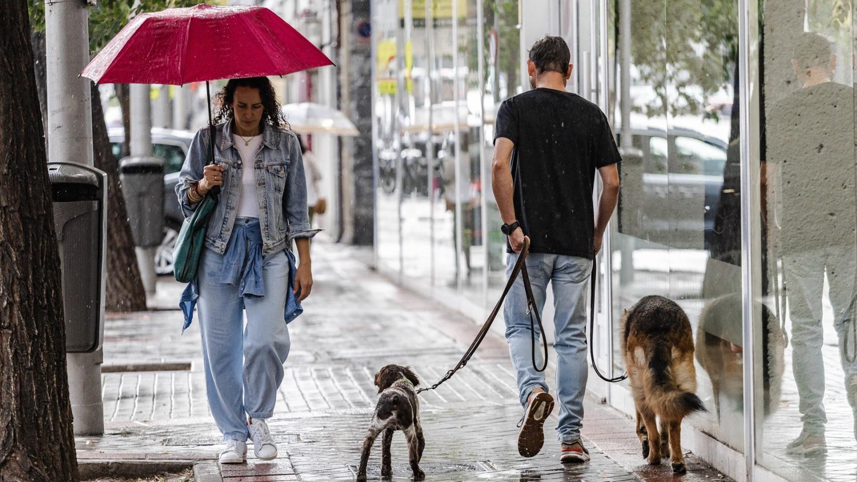 Dos personas caminan bajo la lluvia en Madrid