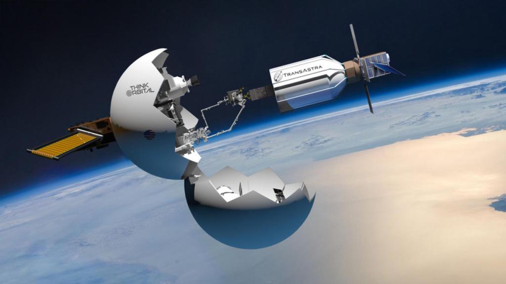 Nave de TransAstra dejando basura espacial en la plataforma de ThinkOrbital