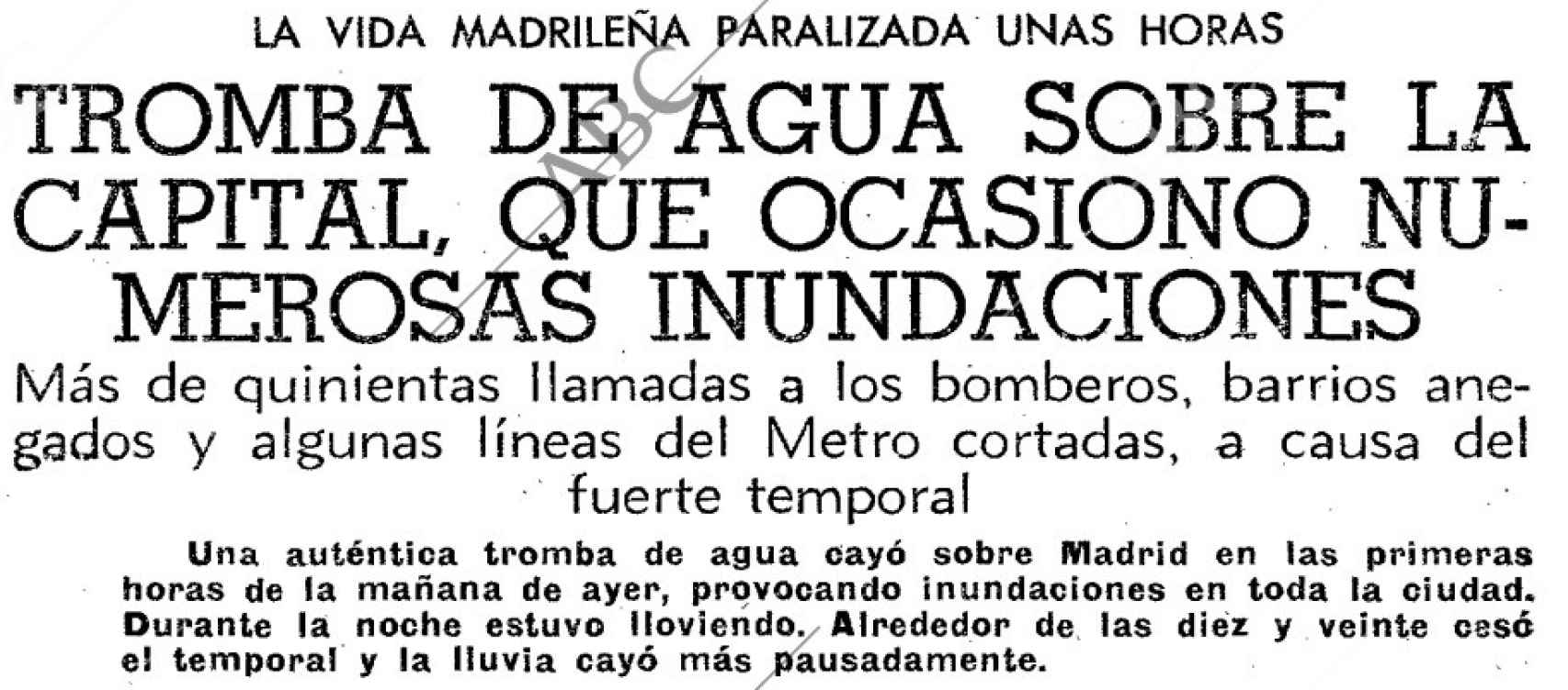 Titular de la crónica de ABC del gran diluvio de 1972.