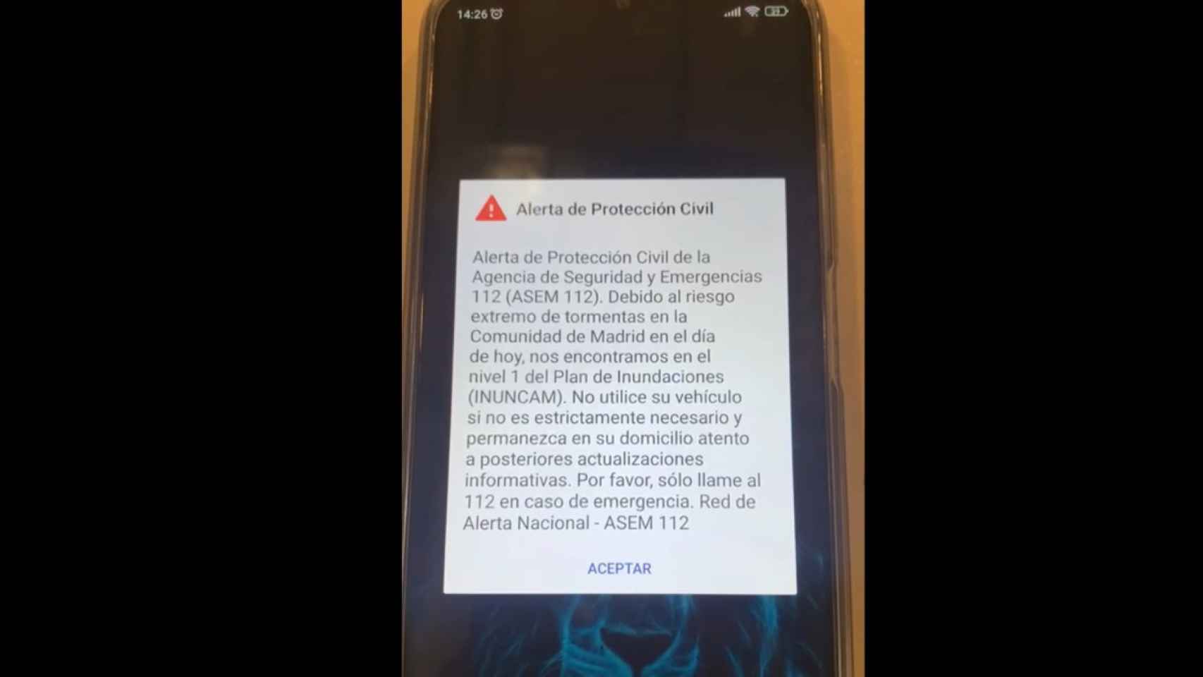 Alerta de Protección Civil lanzada con motivo de las tormentas en Madrid.