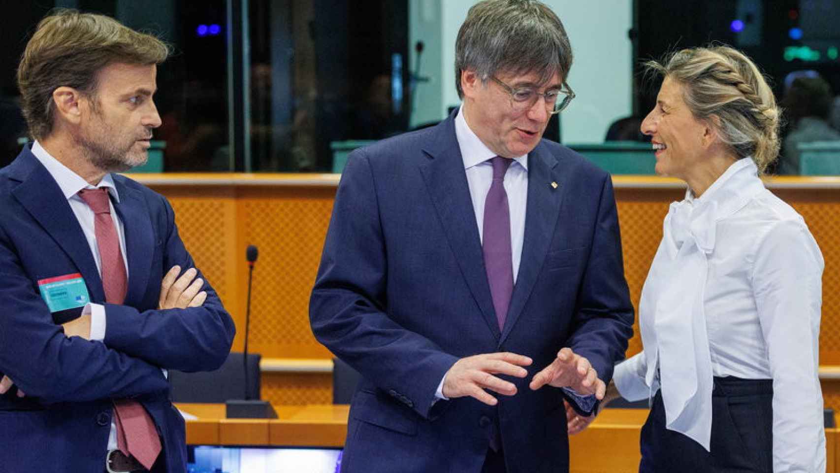 Jaume Asens, Carles Puigdemont y Yolanda Díaz este lunes en Bruselas