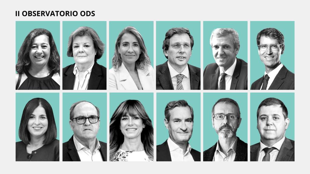 De izda. a dcha. La presidenta del Congreso, Francina Armengol: la presidenta del Tribunal de Cuentas, Enriqueta Chicano; la ministra de Transportes, Raquel Sánchez; el alcalde de Madrid, Martínez-Almeida; los presidentes de Galicia y La Rioja, Alfonso Rueda y Gonzalo Capellán; Carolina Darias, alcaldesa de Las Palmas; el defensor del Pueblo, Ángel Gabilondo; la directora de la cátedra de Transformación Social Competitiva de la Universidad Complutense, Begoña Gómez y los presidentes de Tendam, Indra y Correos, Jaume Miquel, Marc Murtra y Juan Manuel Serrano.