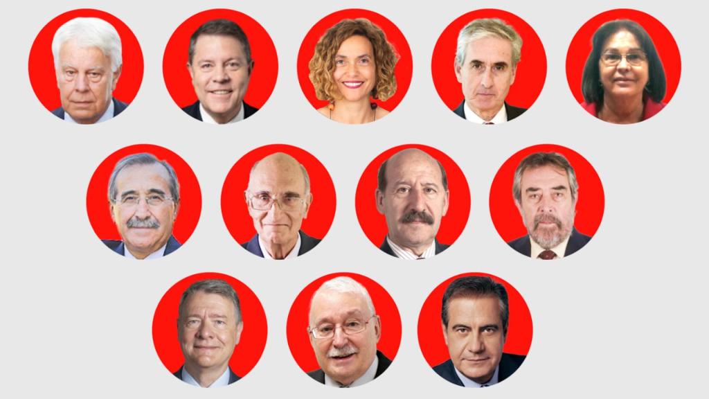 De izquierda a derecha y de arriba abajo: Felipe González, Emiliano García Page, Meritxell Batet, Ramón Jáuregui, Rosa Conde, Virgilio Zapatero, Jaime García Vargas, Javier Sáenz de Cosculluela, Juan Alberto Belloch, Jordi Sevilla, Joaquín leguina y Celestino Corbacho.