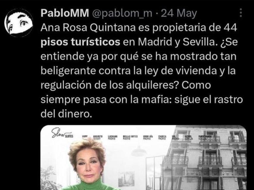 Captura del tuit en el que criticó que gestionase pisos turísticos.