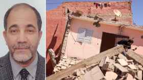 El sismólogo marroquí Taoufik Mourabit, junto a una imagen de los escombros del terremoto