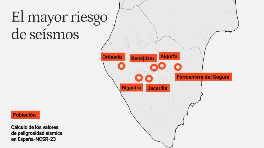 Mapa con las poblaciones con mayor riesgo de peligrosidad sísmica.