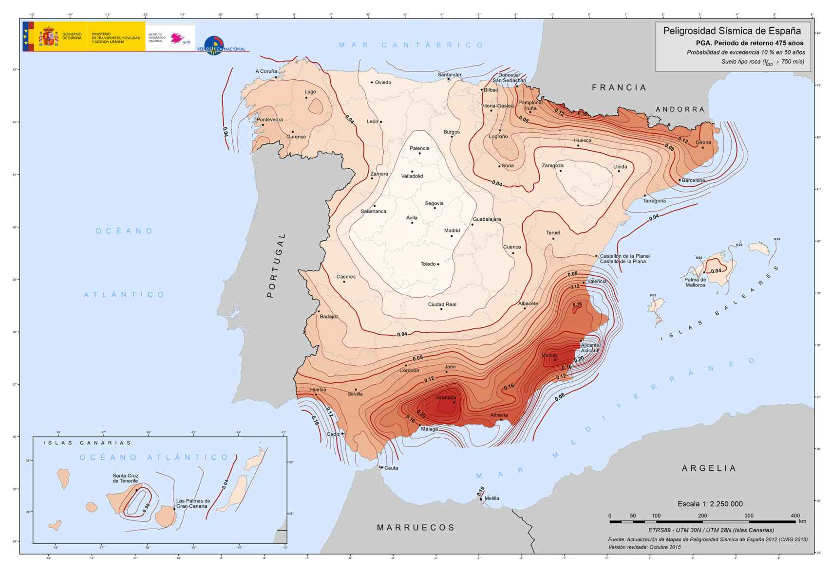 Maga de IGN de la peligrosidad sísmica en España en 2015