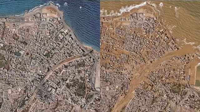 El antes y el después en la ciudad de Derna, Libia, tras el paso del ciclón Daniel.