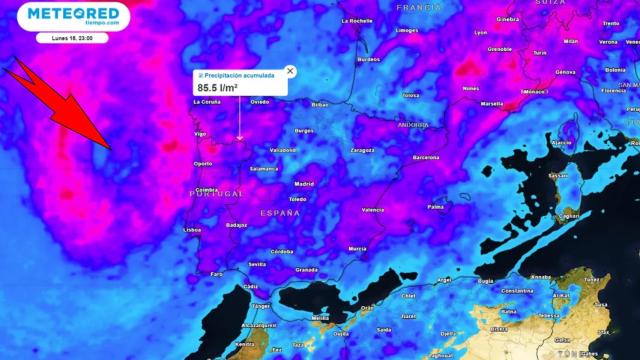 La acumulación de precipitaciones que dejará la borrasca este fin de semana. Meteored.