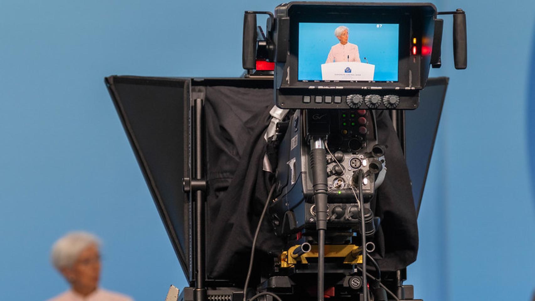 Imagen de Christine Lagarde, presidenta del BCE, en una cámara durante la rueda de prensa del pasado jueves.