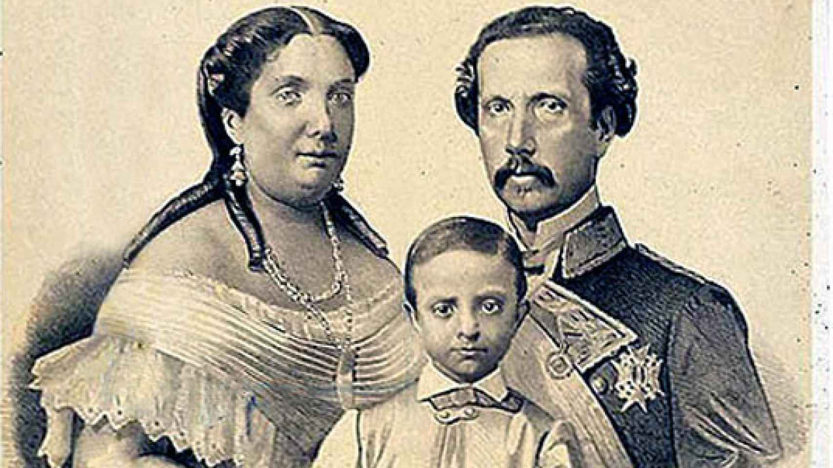 Isabel II, Francisco de Asís y el futuro Alfonso XII.