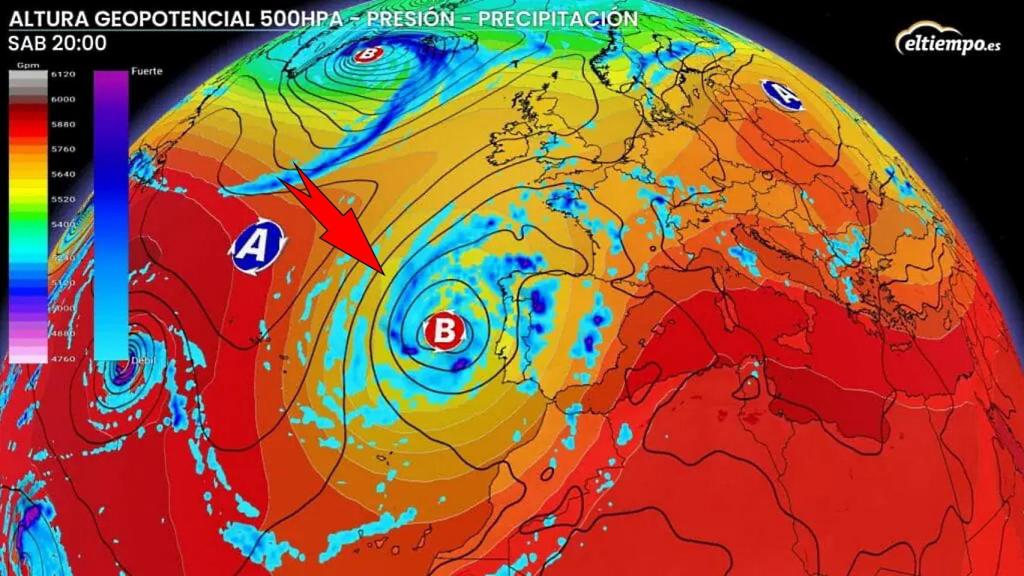 La posición de la borrasca frente a la Penísula Ibérica. ElTiempo.es