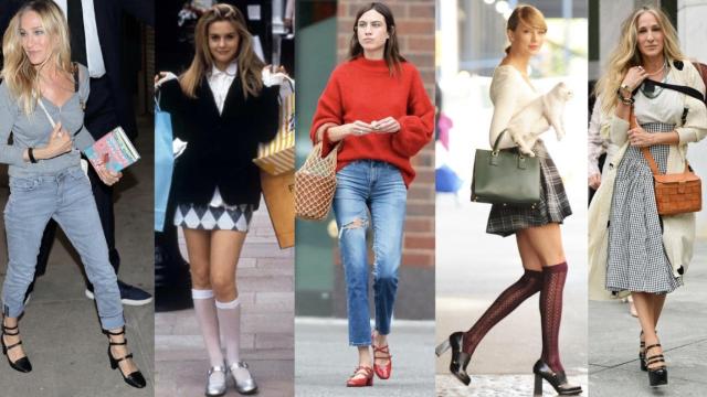 De izda. a dcha: Sarah Jessica Parker con los 'mary jane' de su propia marca; Alicia Silverstone en la película ‘Clueless’; Alexa Chung; Taylor Swift y SJP en la serie ‘And just like that’.