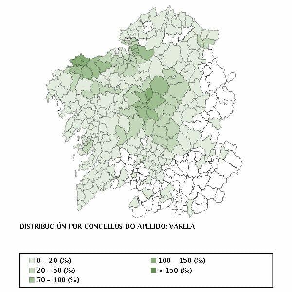 Distribución del apellido Varela en Galicia (fuente: IGE)