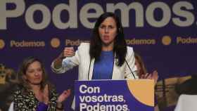 Ione Belarra, líder de Podemos y ministra de Derechos Sociales en funciones, durante su intervención este sábado en un acto del partido.