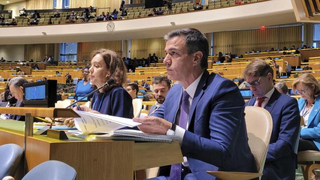 El presidente Sánchez, este lunes, en la Cumbre sobre los Objetivos de Desarrollo Sostenible en la ONU, en Nueva York .