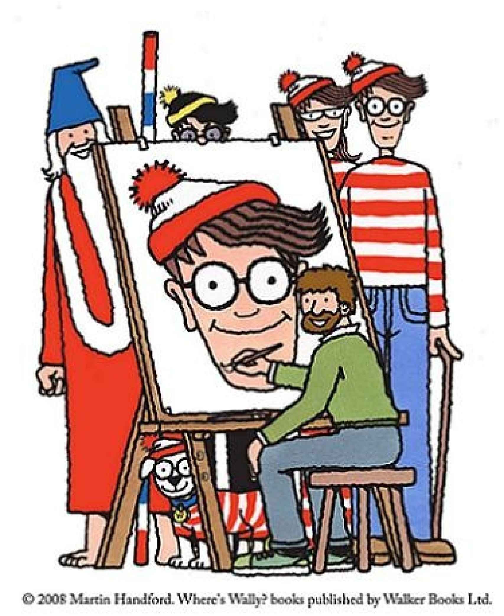 Autorretrato de Martin Handford junto a Wally y el resto de personajes principales de sus libros © Martin Handford