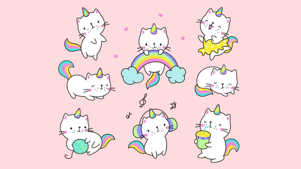 Dibujos de gatos unicornio 'kawaii'.