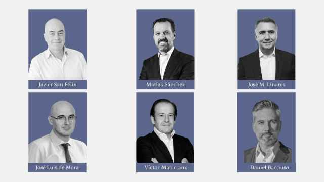 Javier San Félix, Matías Sánchez, José M. Linares, José Luis de Mora, Víctor Matarranz y Daniel Barriuso, los seis directivos a cargo de las cinco grandes áreas de negocio de Santander.
