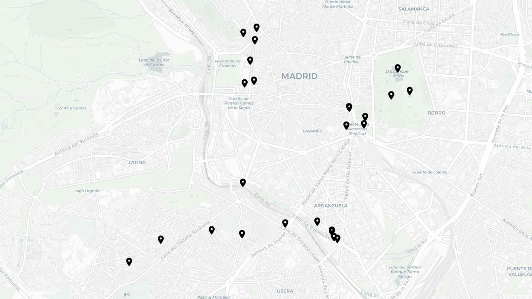 Mapa de Madrid con  las ubicaciones de las diferentes obras.