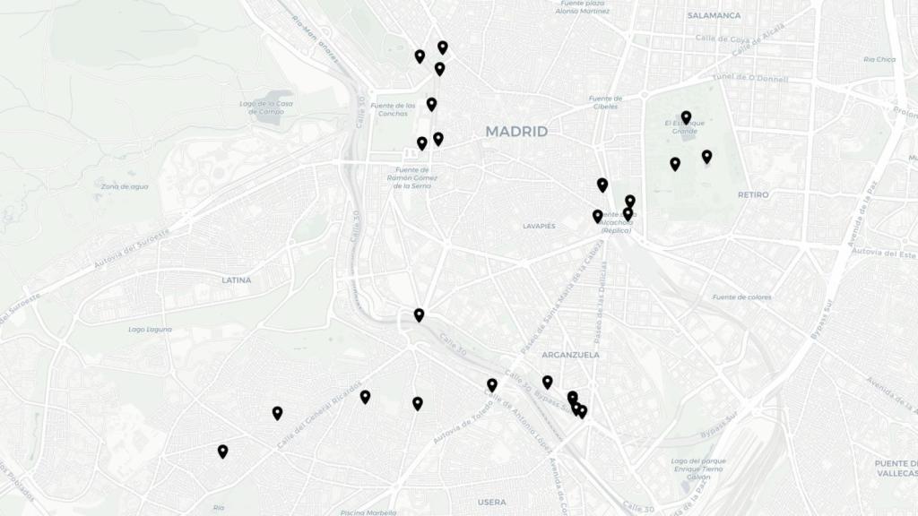 Mapa de Madrid con  las ubicaciones de las diferentes obras.